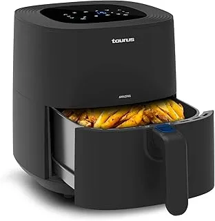 Taurus Amazing - Freidora de aire sin aceite AF1701D, Cestillo 5,5L, 8 programas, Pantalla táctil, Timer, Hasta 200 grados C, Recubrimiento antiadherente, Libre PFOA y BPA, Recetario incluido, Negro