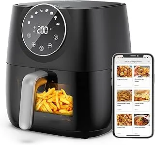 JOYAMI Freidora sin Aceite 5,7L XXL Air Fryer con 100 Recetas en Español, Freidora sin Aceite con 8 Programas Funciones, Ventana Visible Pantalla Táctil LED, Cesta Antiadherente, 1700W, Negra