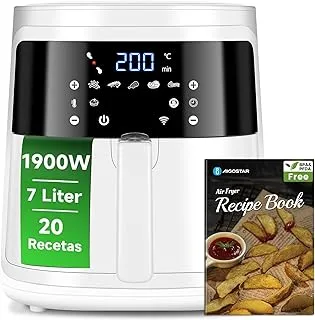 Aigostar White Cube - Freidora de aire 7L 1900W, freidora sin aceite 5 en 1, 7 funciones preestablecidas con pantalla LED, cesta antiadherente extraíble, mantenimiento del calor, 20 recetas sin BPA