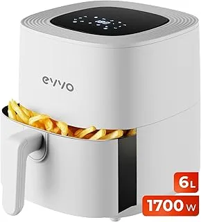 EVVO Freidora Aire Sin Aceite de 6L, 1700W, Recipiente Antiadherente, Tecnología Dual Cyclone, Multifunción, Hornea, Deshidrata, Descongela, Hasta 200º, Apagado Automático (Color Blanco)