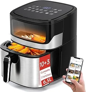 Aigostar Freidora de Aire 6.5L, Freidora sin Aceite con Ventana, 10 programas, Pantalla Digital Táctil, Precalentamiento Inteligente, Descongelación, DIY, La luz es controlable, Acero Inox. Balloon